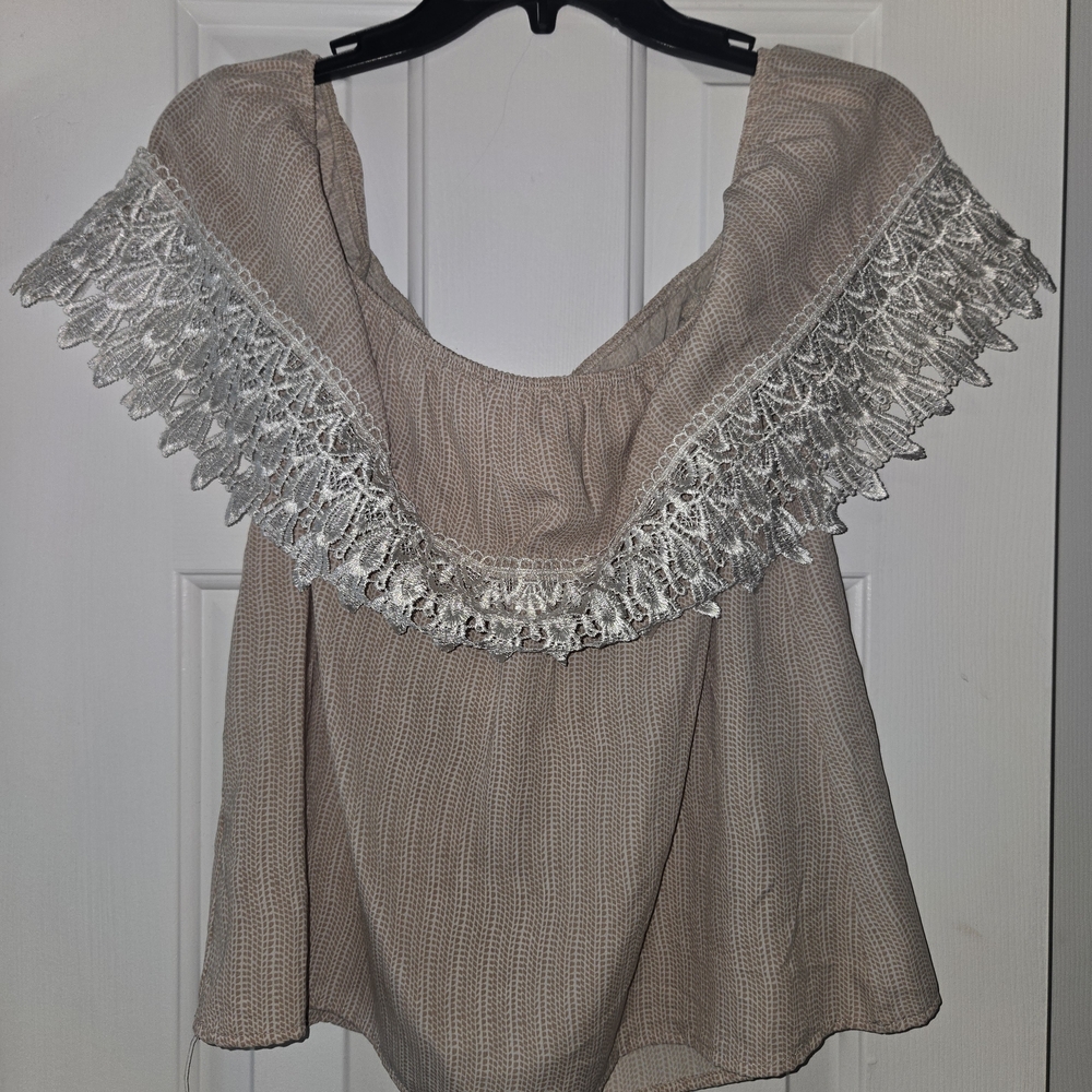 Chic Lace-Accented Beige Women's Blouse